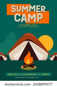 Diseño de plantilla de cartel de camping de verano decorativo con tienda, hoguera, diseño plano de paisaje de montaña. El elemento de diseño se puede utilizar para el fondo, el telón de fondo, el folleto, el folleto, la impresión, la ilustración vectorial