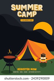 Summer camping poster template design with camping element flat design style. Design element can be used for background, backdrop, leaflet, flyer, print, vector illustration