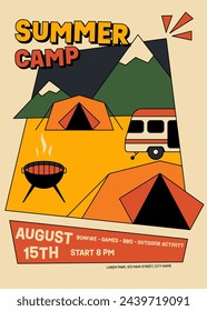 Summer camping poster template design with camping element flat design style. Design element can be used for background, backdrop, leaflet, flyer, print, vector illustration