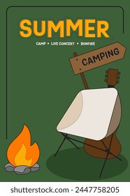 Summer camping poster template design at night decorative with tent, bonfire, mountain view flat design. Design element can be used for background, backdrop, leaflet, flyer, print, vector illustration