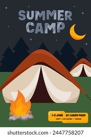 Summer camping poster template design at night decorative with tent, bonfire, mountain view flat design. Design element can be used for background, backdrop, leaflet, flyer, print, vector illustration