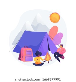 Summer camping relax. Summertime recreation, hiking tour, mountain tourism. Backpackers resting near tent, eating snacks near campfire. Open air vacation. Vector isolated concept metaphor illustration