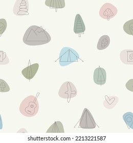 Summer camping rest vector seamless pattern. Seamless background scene with tent, mountain, guitar, tree, cup. Outdoor adventure illustration for web design, wrap, textile.