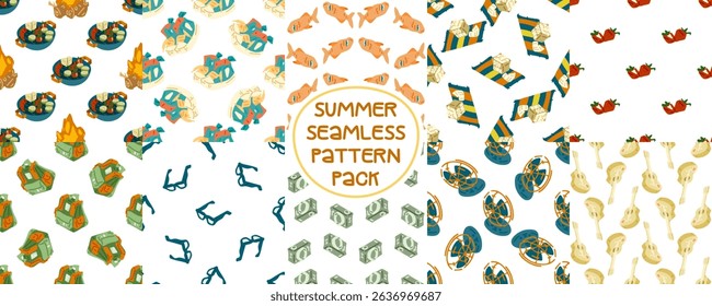 Summer Camping Seamless Pattern Pack. Ten playful seamless patterns with cartoon-style camping gear, food, musical items, and summer accessories, all isolated on white background.