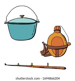 Summer camping set. Bowler, flask, fishing rod. Cartoon style. Stock illustration. White background, isolate.  For design of postcards, posters, flyer, site, advertising.