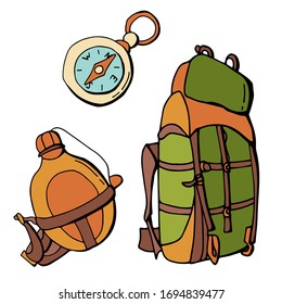 Summer camping set. Compass, flask, backpack. Cartoon style.  Stock illustration. White background, isolate. For design of postcards, posters, flyer, site, advertising.	
