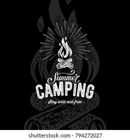 Summer camping sign with a campfire. Outdoor activity symbol. Vector illustration.