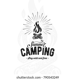 Summer camping sign with a fire. Vector illustration.