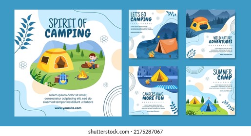 Summer Camping Social Media Post Template Flat Cartoon Background Vector Illustration