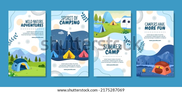 Summer Camping Social Media Stories\
Template Flat Cartoon Background Vector\
Illustration