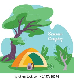 Summer Camping Square Banner, Tent and Backpack on Deep Forest Landscape Background with Green Trees and Bushes. Hiking, Summertime Leisure, Active Hiking Vacation. Cartoon Flat Vector Illustration