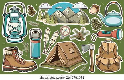 Adesivos de acampamento de verão em estilo retro. Caminhadas, mochilas, viagens ao ar livre, aventuras florestais, equipamentos, fogueira, mapa, tenda. Divertido funky wilderness conjunto de patches, rótulos, selos