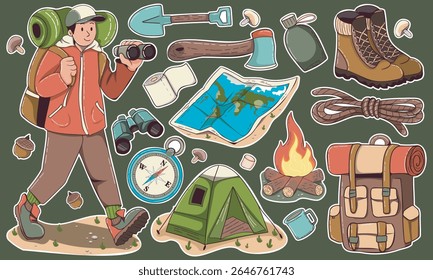Summer camping stickers in retro style. Forest travel, mountains, gear, tent, kettle, lantern, compass. Wilderness explorer set of patches, stamps, icons, labels