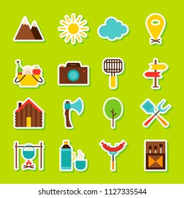 Summer Camping Stickers. Vector Illustration Flat Style. Collection of Seasonal Symbols.