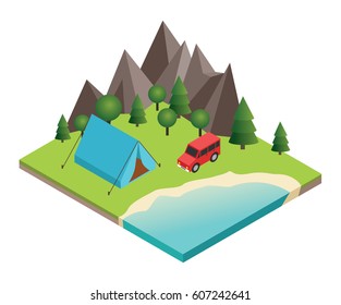 Summer Camping and tent near a river or lake.