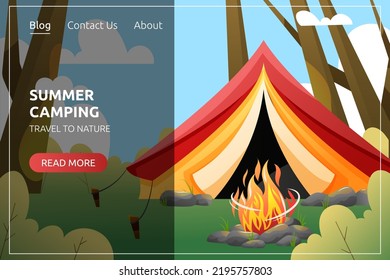 Summer camping tent vector banner concept. Red and yellow camp tent in forest.