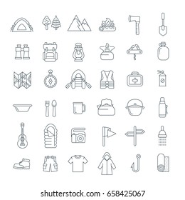 Summer camping thin line icons. Vector flat outline graphics. Outdoor recreational activity. Hiking tourism tools, clothes, objects. Wild nature travel. Forest camp equipment. Mountain exploring