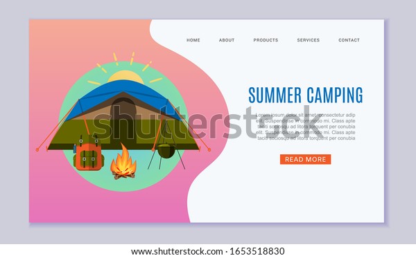 Summer\
camping for tourism travel agency website vector illustration.\
Cartoon bonfire, tent and backpack for outdoors forest camping.\
Summer adventure. Untouched corners of\
nature.