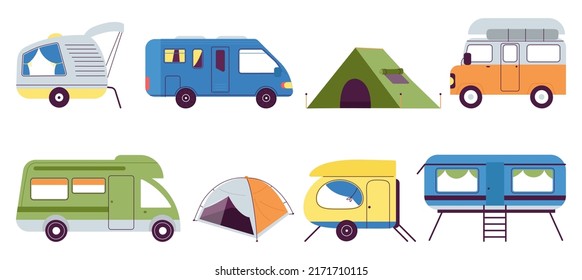 Summer camping transport. Vintage auto caravans, campers and trailers. Outdoor home on wheels, camp tent. Trip or adventure retro vehicle decent vector set