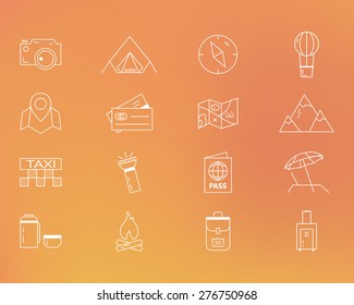 Summer camping and travel outline icons set. Outdoor activity theme. Thin line design. Isolated on orange background. Vector illustration