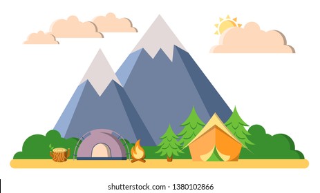 Summer camping, trekking and climbing vector landscape flat illustration. Mountain, woods and forest, tents, camfire with clouds isolated on white background.