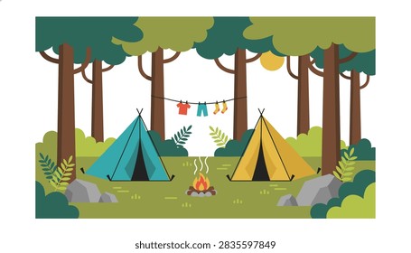 Summer camping trip in the woods features two colorful tents and a cozy campfire surrounded by tall green pine trees.