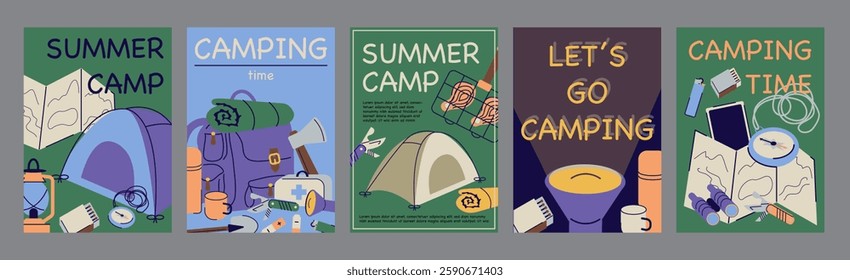 Summer camping typography template posters. Vertical covers with camp tent, travel map, compass, flashlight, other expedition equipment. Modern banners set in minimalism design. Vector illustration.