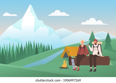 Summer camping vacation vector illustration. Cartoon young couple people sitting by tent and camp fire in campsite, man woman characters spend time together in nature mountain landscape background