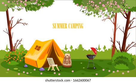 Summer camping vector background with tent, chair, bag pack, brazier, trees and flowers. Picnic stock concept with forest campsite in cartoon flat style with copy space. For advertisements, flyers