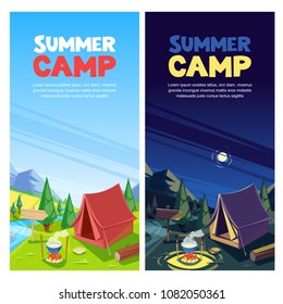 Summer camping vector banner, poster design template. Adventures, travel and eco tourism concept. Touristic camp tent at day and night. Nature landscape cartoon background.