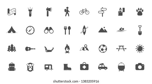summer camping vector icons set isolated on white background. camping flat icons for web and ui design. summer camping recreation concept
