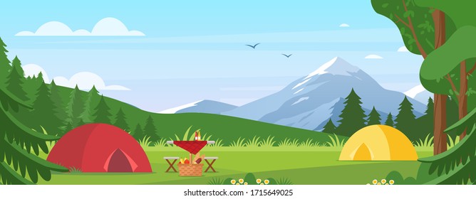 Ilustración vectorial de camping de verano. Campo turístico plano de caricatura con punto de picnic y tienda entre el bosque, paisaje montañoso en el día soleado. Aventura al aire libre, turismo activo en verano