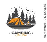 Summer camping vector illustration. Camping tent , pine tree, mountains, campfire, stars, moon.
