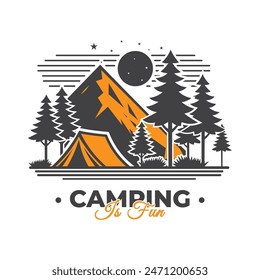 Summer camping vector illustration. Camping tent , pine tree, mountains, campfire, stars, moon.