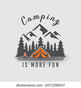 Summer camping vector illustration. Camping tent , pine tree, mountains, campfire, stars, moon.