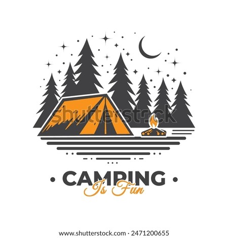 Summer camping vector illustration. Camping tent , pine tree, mountains, campfire, stars, moon.