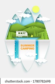 Summer camping, vector poster banner template. Layered paper cut style forest hills, camper trailer and campfire on lake or river bank. Caravan camping, summer recreation.