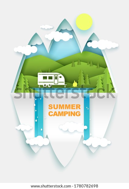Summer camping,\
vector poster banner template. Layered paper cut style forest\
hills, camper trailer and campfire on lake or river bank. Caravan\
camping, summer\
recreation.