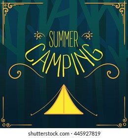 Summer camping vector with tent on forest background