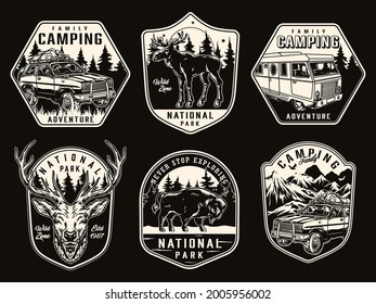 Summer camping vintage monochrome badges with moose bison deer head motorhome and travel cars with tourist equipment isolated vector illustration