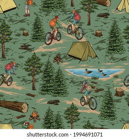 Summer camping vintage seamless pattern with travelers riding bicycles hiker with binoculars tents trees campfire ducks swimming in lake wooden logs and trumps vector illustration