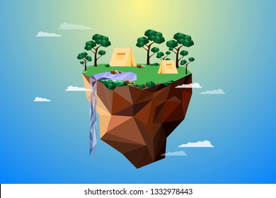 Summer camping in to the wild, Yellow tent and waterfall with green forest in polygon design, Waterfall in cloudy background, Low poly island concept, Polygon and illustration