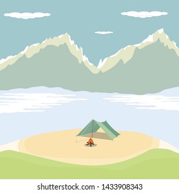 Summer camping in winter in mountain design on vector background