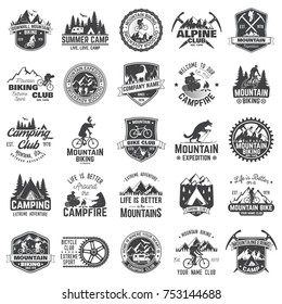 Summer camp,mountain biking, alpine club. Vector illustration. Set of vintage badges, labels, logos, silhouettes. Vintage typography collection with 25 items. Outdoors adventure emblems.