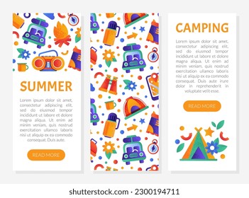 Summer campong web page templates set. Camping festival, vacation or traveling activity mobile app, touristic agency advertising mobile app, landing page