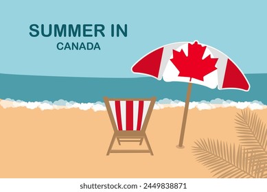 Summer in Canada, beach chair and umbrella, vacation or holiday in Canada, vacation concept vector design, summer holiday, sea sand sun, travel and tourism idea