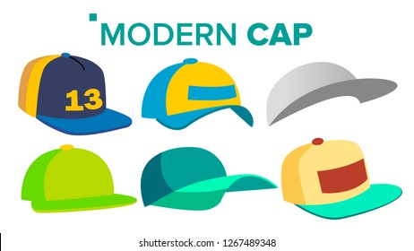 Summer Cap Set Vector. Man, Woman Headwear. Sport Uniform. For Children And Adult. Isolated Cartoon Illustration