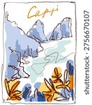 Summer Capri coast t-shirt print. Mediterranean sea, mountains and cliff sketch. Hand drawnin Italy seaside vilage sketch. Vacation travel posters. Europe, Faraglioni fasion print