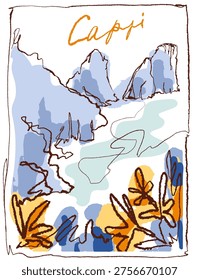 Summer Capri coast t-shirt print. Mediterranean sea, mountains and cliff sketch. Hand drawnin Italy seaside vilage sketch. Vacation travel posters. Europe, Faraglioni fasion print