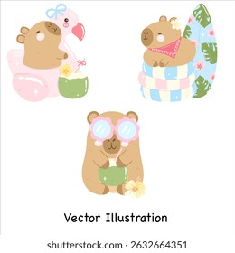 Coleção Summer Capybara | Capivara De Animais Bonitos | Summer Beach Element | Vetor Capybara | Ilustração do vetor de verão 